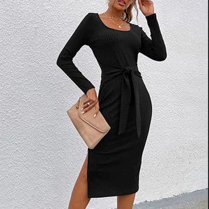 PRETTYGARDEN Long Sleeve Square Neck Slit Bodycon Sweater Dress Tie Waist